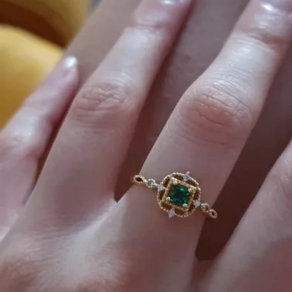 NEW Handmade Lace 14k Gold Filled Diamond Emerald Milgraine Adjustable Ring - Picture 12 of 16